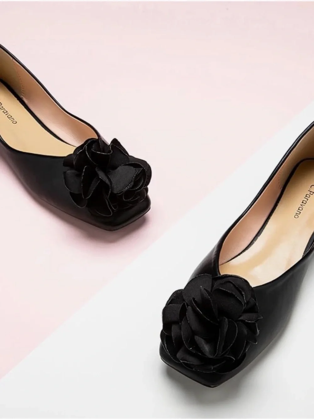 NIB C. Pavarano Black Floral Square Toe Leather Ballet Flats Size 7.5 (38)